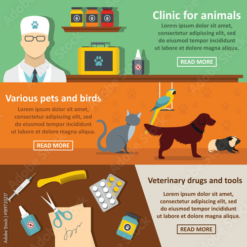 Vet clinic care banner horizontal set, flat style