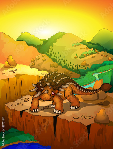 Cute cartoon ankylosaurus with landscape background. Isolated illustration of a cartoon dinosaur.