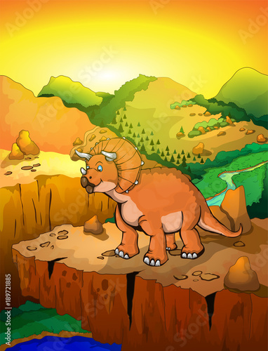 Cute cartoon triceratops with landscape background. Vector illustration of a cartoon dinosaur. photo