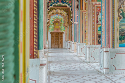 colorful corridor with Indian Murials, Jaipur photo