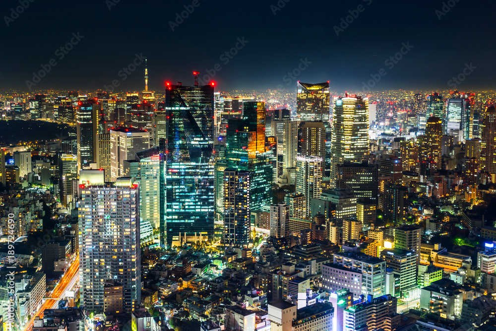 Asia Business concept for real estate & corporate construction - panoramic modern city skyline view of Tokyo Metropolitan Expressway junction with neon night in Roppongi Hill, Tokyo, Japan