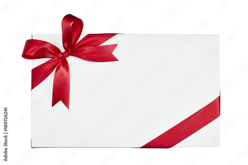 White gift box tied red ribbon White gift box tied red ribbon