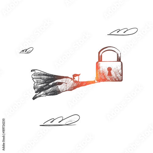 Security concept. Hand drawn superhero with big lock in his hand. Flying hero holds symbol of protection isolated vector illustration.