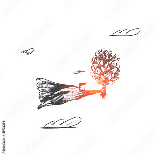 Sauna concept. Hand drawn superhero with sauna broom in his hand. Flying hero holds bath accessory isolated vector illustration.