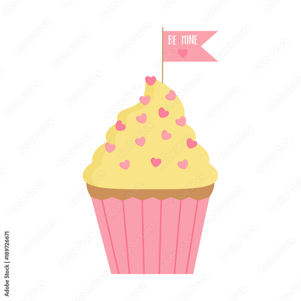 Cute Valentine's Day cupcake with vanilla cream and heart sprinkles. Lovely cupcake vector graphic illustration with little flag with writing Be Mine. Cute Valentine's Day cupcake with vanilla cream and heart sprinkles. Lovely cupcake vector graphic illustration with little flag with writing Be Mine.