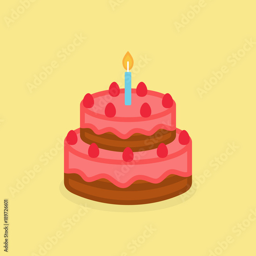 Sweet chocolate strawberry cake with pink icing  vector graphic illustration. Birthday chocolate strawberry cake icon  isolated on yellow background.