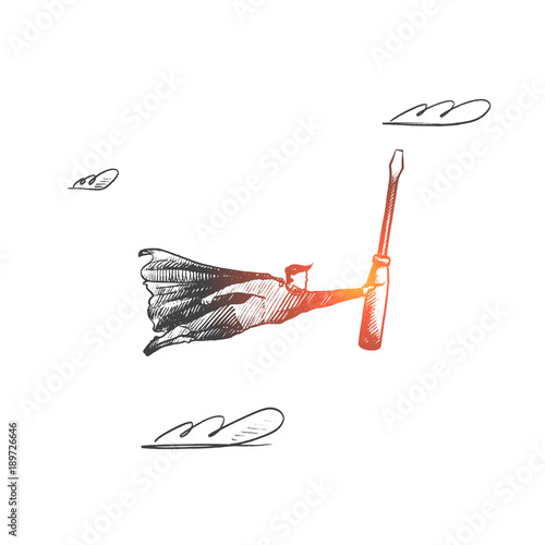 Computer repair concept. Hand drawn superhero with screwdriver in his hand. Flying hero holds tool for fixing computers isolated vector illustration.