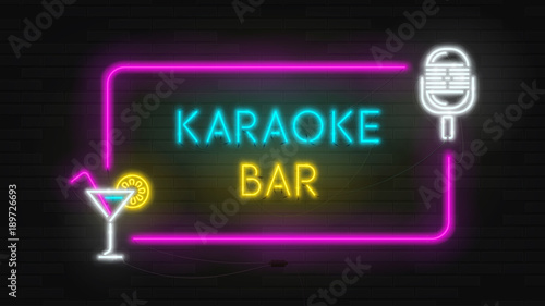 Web banner with neon sign of karaoke bar. Modern neon color bilboard on brick wall. Concept of advertising for musical cafe with glowing text.