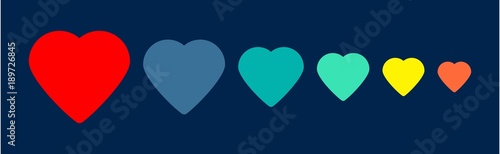 The set of different colored in a rainbow colors shape of hearts