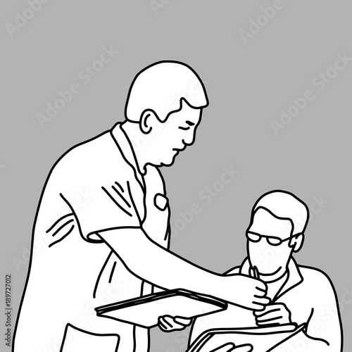 male doctor asking the patient to put signature on an informed consent document vector illustration sketch hand drawn with black lines, isolated on gray background