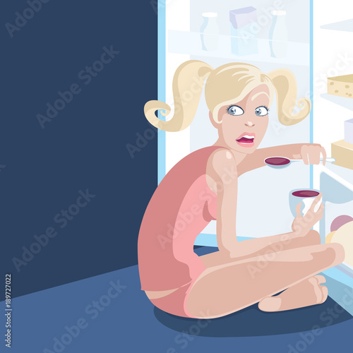 Vector illustration of a blond female caught eating from refrigerator late at night. 