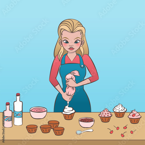 Vector illustration of a female in an apron  decorating a cupcake.