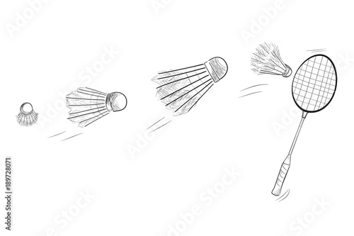 Simple Black Sketch of Badminton Racket and Fast Moving Shuttlecock