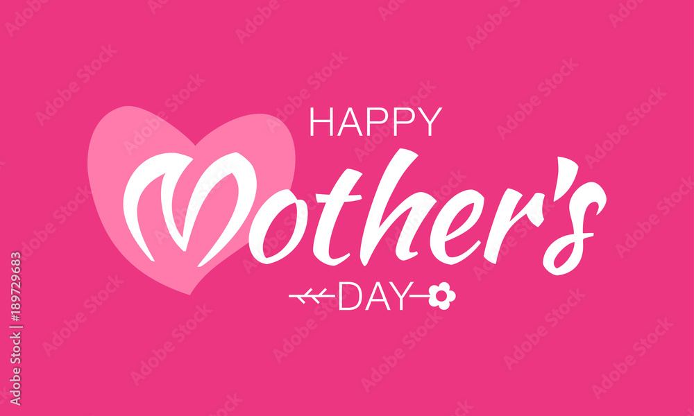 Vector White Happy Mother's Day Typographic Lettering isolated on pink Background With Pink Heart and Flower Illustration of a Mothers Day Card.