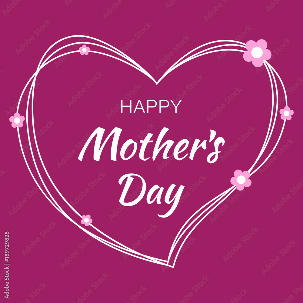 Happy Mothers Day hand drawn typographic lettering with white scribble heart isolated on bright purple violet background with pink paper flowers. Vector Illustration of a Mother's Day card.