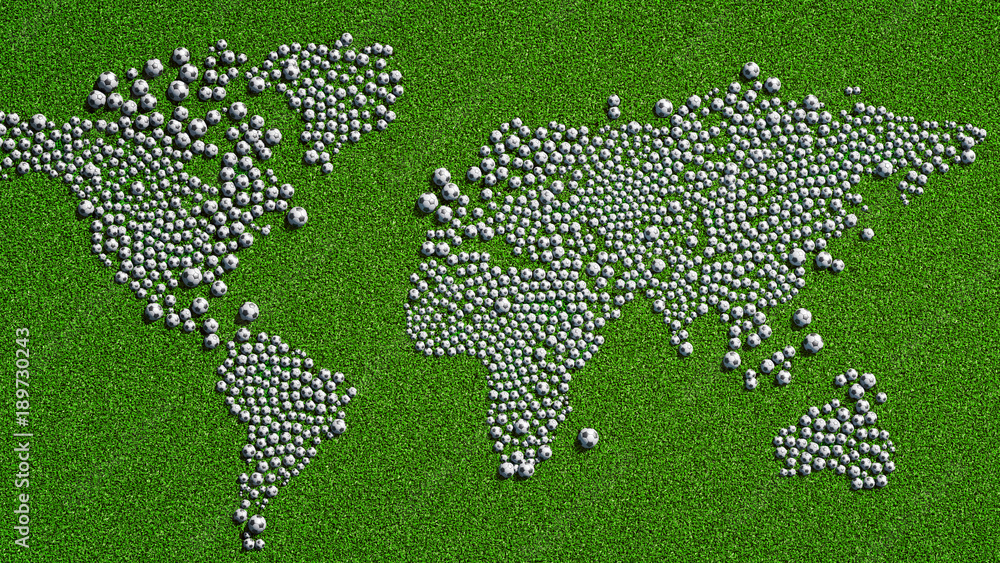 Fototapeta premium World map from soccer balls on grass