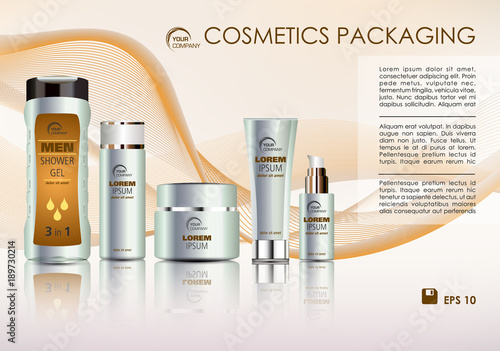 Vector cosmetics template with creme tube, shower gel, and creme box soap in orange color