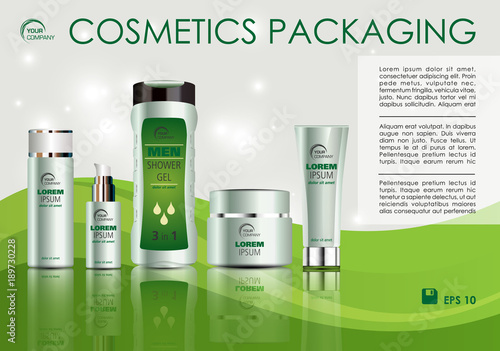 Vector cosmetics template with creme box, creme tube, shower gel, and soap in green color