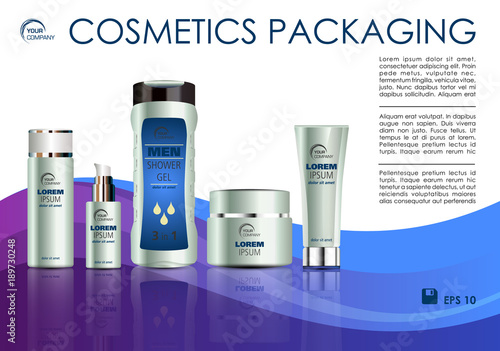 Vector cosmetics template with creme box, creme tube, shower gel, and soap in blue color