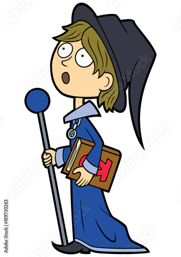 Surprised wizard boy/ Illustration cartoon wizard boy with a magic staff and a book
