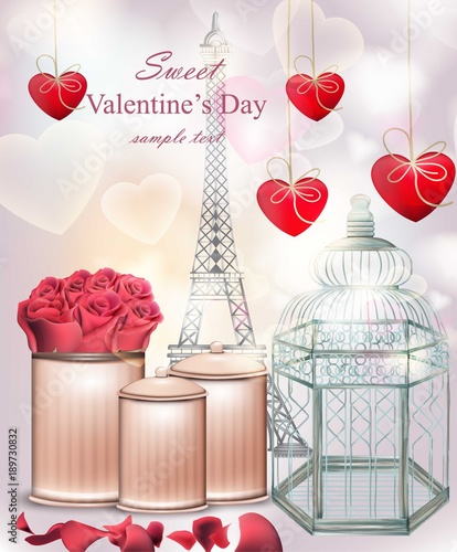 Sweet Valentine day card with flowers and hearts Vector