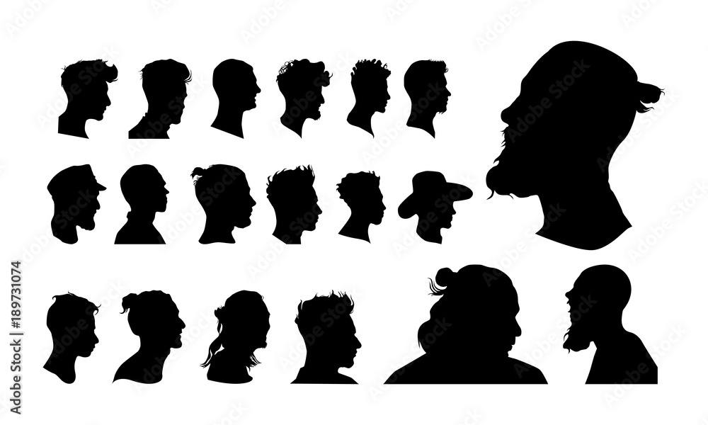 set of detailed man head avatar face silhouette vector illustration - obrazy, fototapety, plakaty 