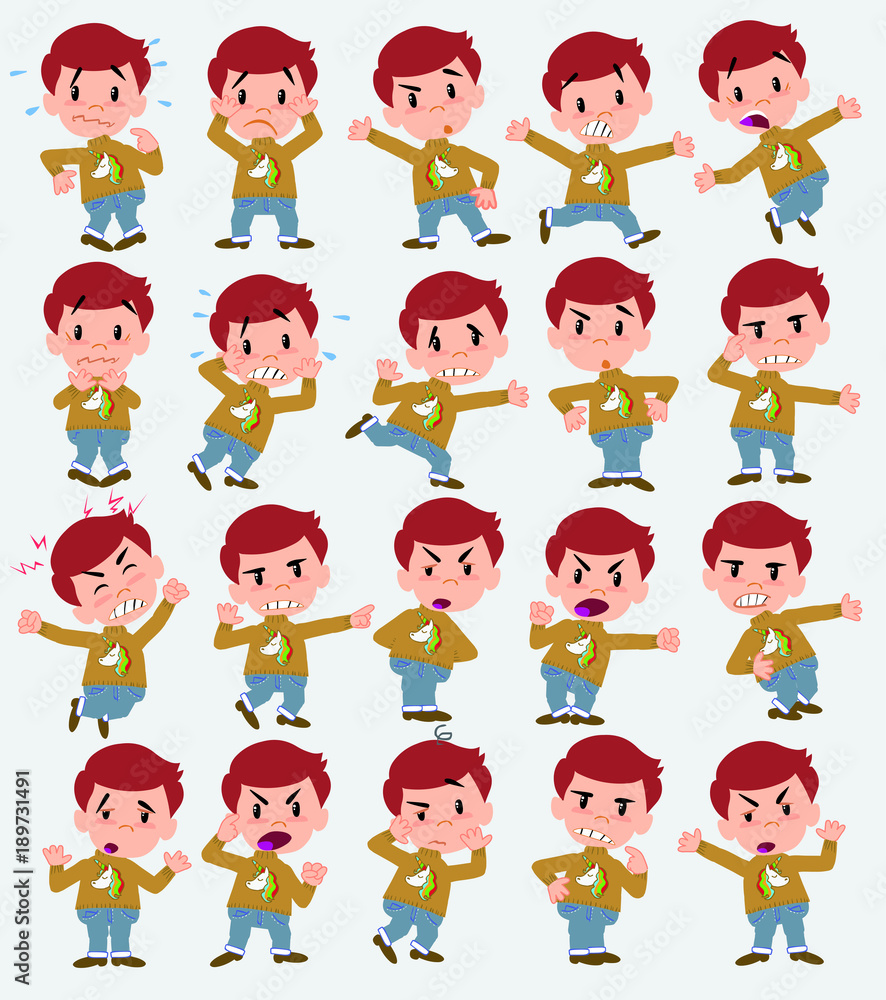 Cartoon character boy with a unicorn pullover. Set with different postures, attitudes and poses, always in negative attitude, doing different activities in vector vector illustrations.