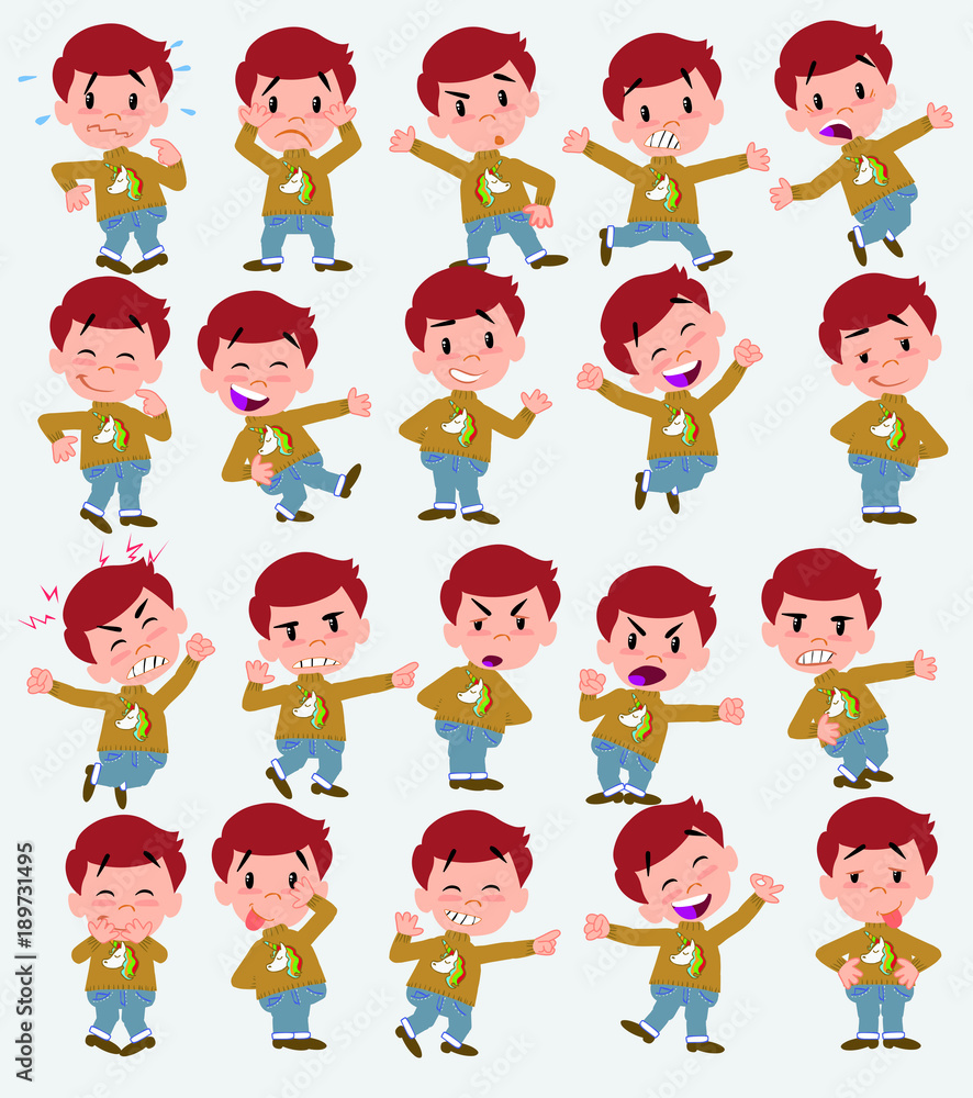 Cartoon character white boy with a unicorn pullover. Set with different postures, attitudes and poses, doing different activities in isolated vector illustrations. Cartoon character white boy with a unicorn pullover. Set with different postures, attitudes and poses, doing different activities in isolated vector illustrations.