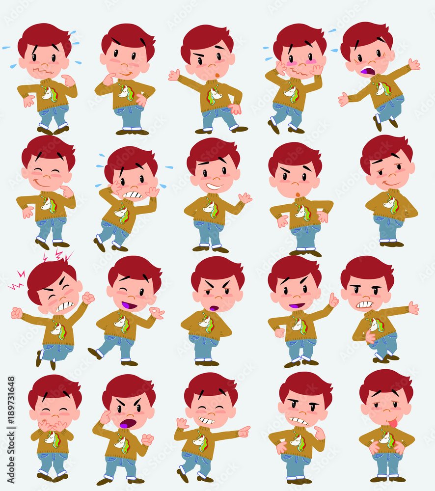 Cartoon character white boy with a unicorn pullover. Set with different postures, attitudes and poses, doing different activities in isolated vector illustrations. Cartoon character white boy with a unicorn pullover. Set with different postures, attitudes and poses, doing different activities in isolated vector illustrations.