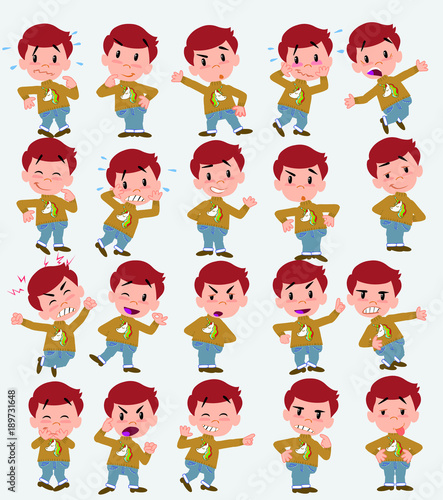 Cartoon character white boy with a unicorn pullover. Set with different postures, attitudes and poses, doing different activities in isolated vector illustrations.