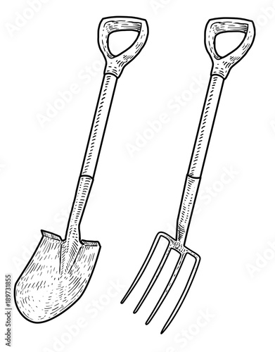 Shovel illustration, drawing, engraving, ink, line art, vector