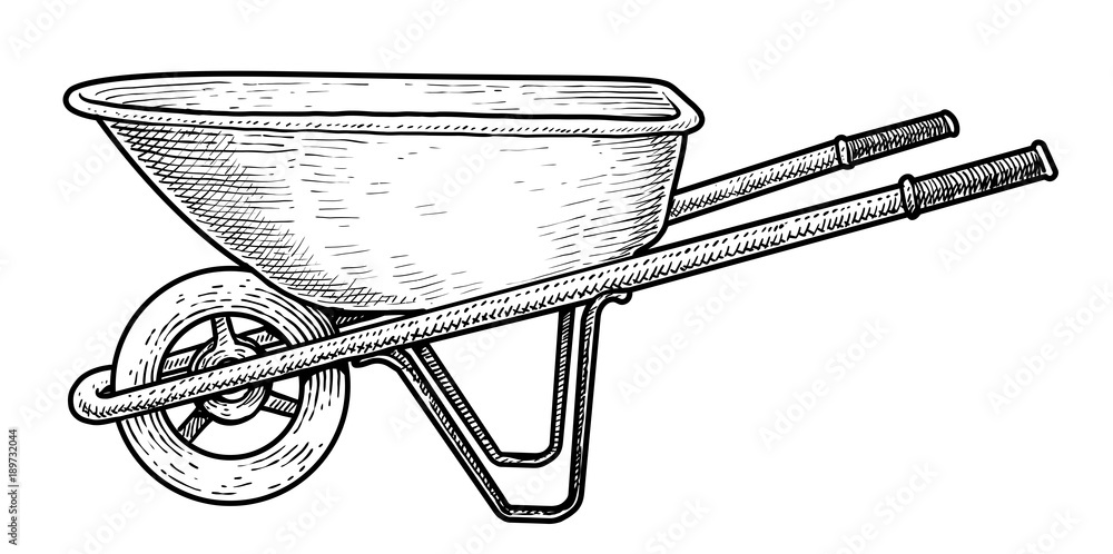 Wheelbarrow illustration, drawing, engraving, ink, line art, vector