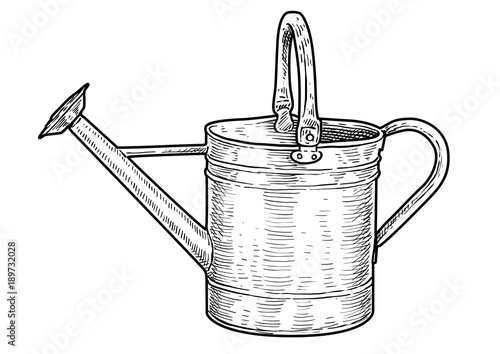 Watering can illustration, drawing, engraving, ink, line art, vector
