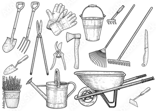 Garden accessories illustration, drawing, engraving, ink, line art, vector