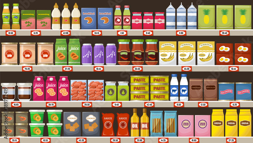 Supermarket, shelves with products and drinks