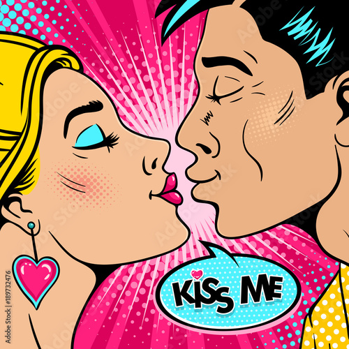 Wow couple. Happy young man and sexy woman in profile stretch to each other for a kiss and Kiss me speech bubble. Vector background in retro pop art comic style. Valentines day invitation poster.