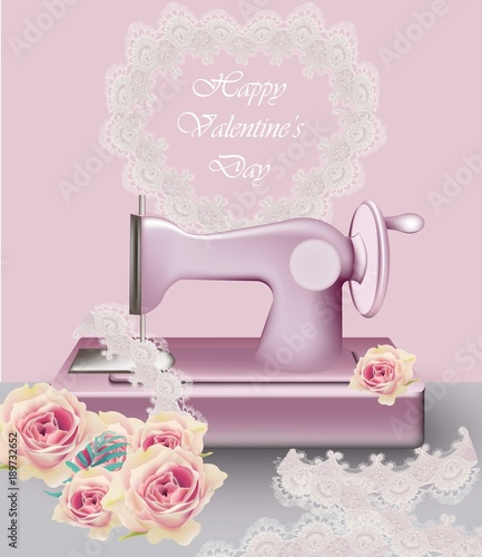 Sewing machine Vintage decor. Retro provence Vector rose flowers