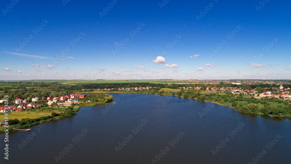 Obraz premium drone with a camera, beautiful summer small river from a height