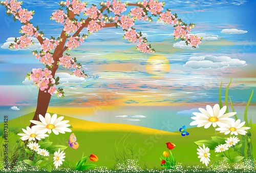 Wiosenny krajobraz z kwitnącym drzewem