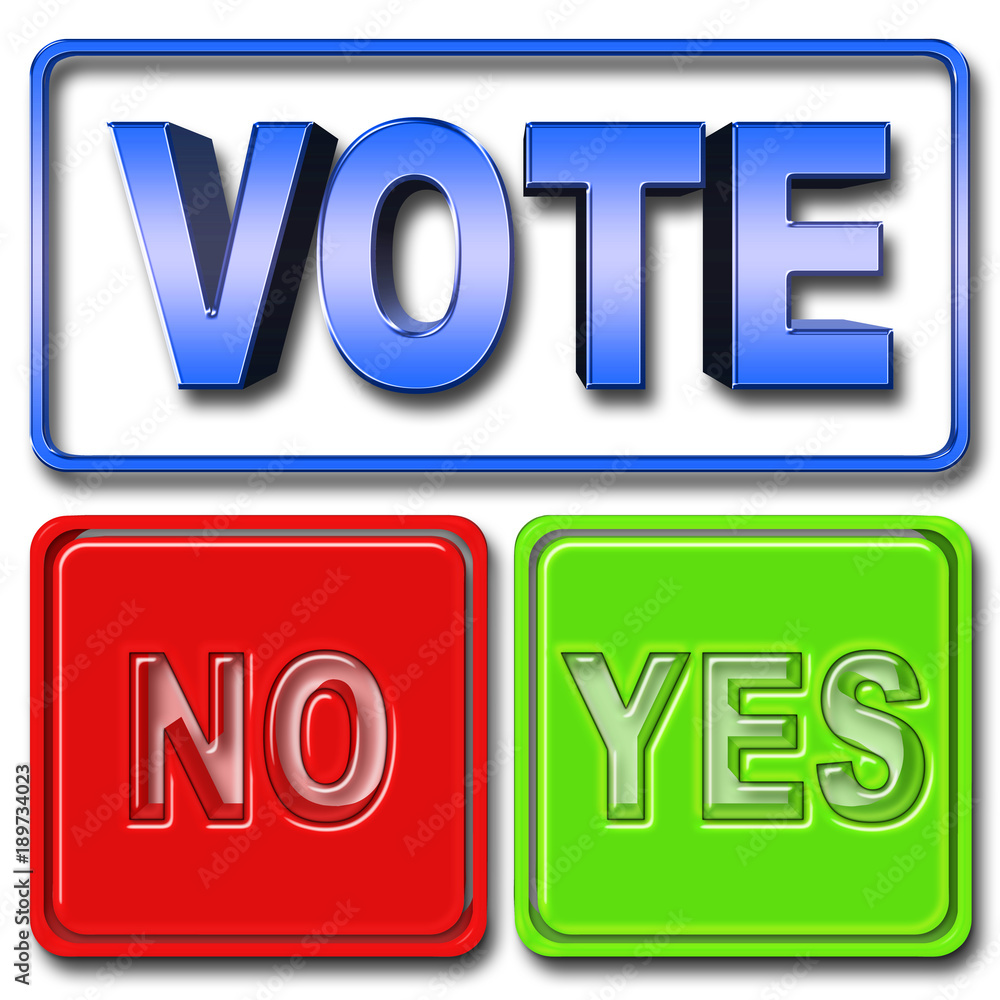 Stock Illustration - Big Bold Metal Blue Text VOTE, Green Square YES, Red Square NO, 3D Illustration, Bright Against the White Background.