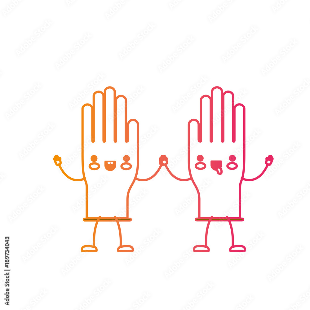 kawaii cartoon pair gloves holding hands in degraded yellow to magenta silhouette vector illustration - obrazy, fototapety, plakaty 