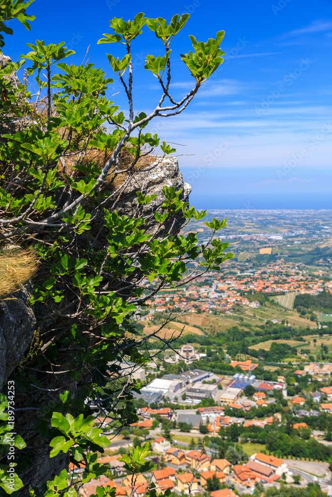Beautiful aerial view of the village from the Mountain of San Marino. The Republic of San Marino.