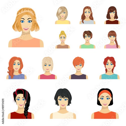 Types of female hairstyles cartoon icons in set collection for design. Appearance of a woman vector symbol stock web illustration.