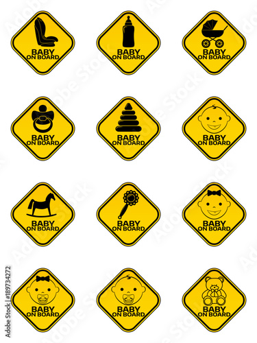 Set of Baby on board signs with baby symbol in yellow rhombus on a white background. Car sticker with warning.