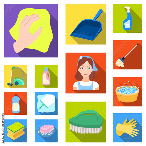 Cleaning and maid flat icons in set collection for design. Equipment for cleaning vector symbol stock web illustration.
