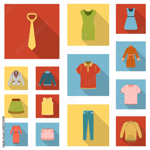 Different kinds of clothes flat icons in set collection for design. Clothes and style vector symbol stock web illustration.