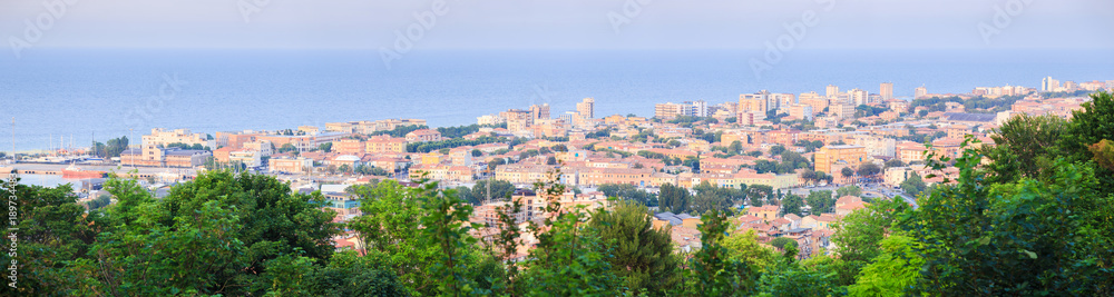 Panorama of famous resort Pesaro city on the adriatic sea. Italy.