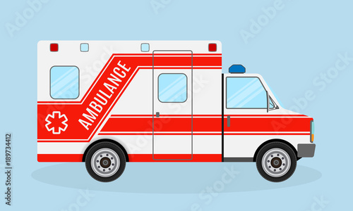 Ambulance car side view. Emergency medical service vehicle. Medicine paramedic transportation. Hospital transport.