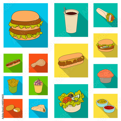 Fast food flat icons in set collection for design.Food from semi-finished products vector symbol stock web illustration.
