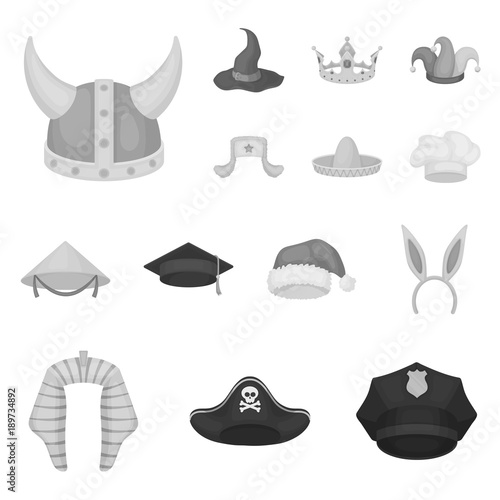 Different kinds of hats monochrome icons in set collection for design.Headdress vector symbol stock web illustration.